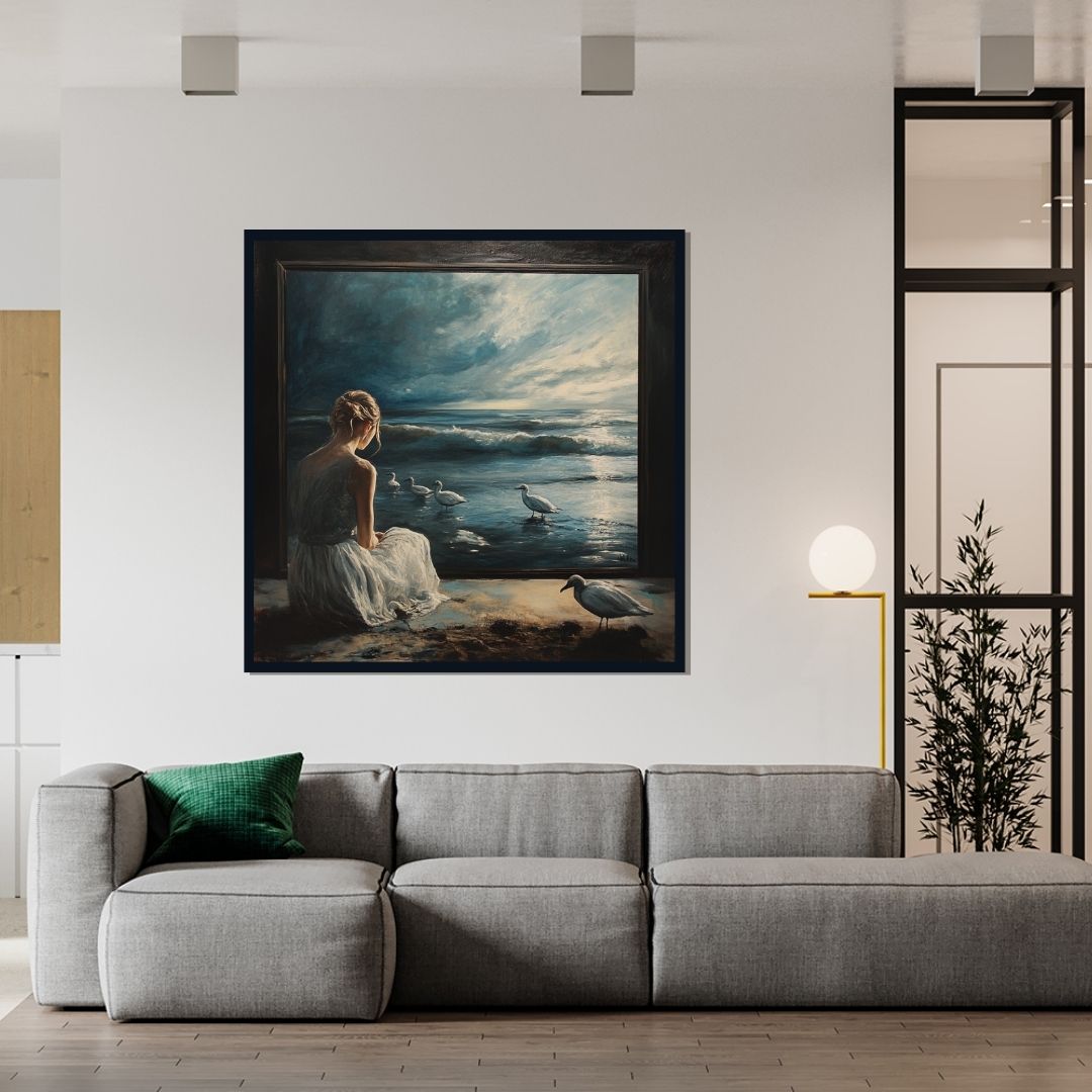 “Contemplative Tides” by ArtixHub – figurative coastal canvas wall art featuring a reflective female figure against a tranquil sea in muted blues and sandy beige tones, ideal for bedrooms, wellness spaces, or lounge areas. This serene composition evokes solitude and peace, making it perfect for UAE homes embracing coastal calm and introspective design.