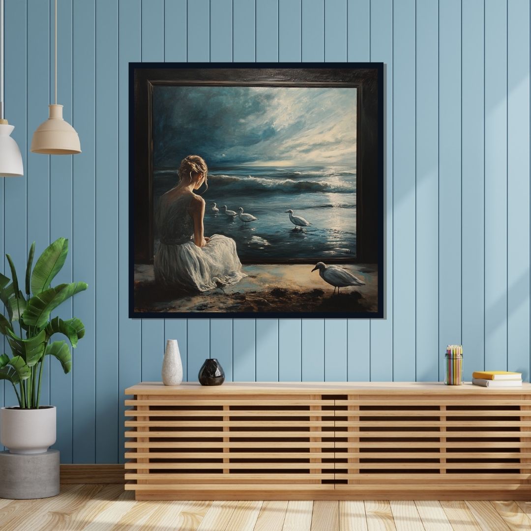 “Contemplative Tides” by ArtixHub – figurative coastal canvas wall art featuring a reflective female figure against a tranquil sea in muted blues and sandy beige tones, ideal for bedrooms, wellness spaces, or lounge areas. This serene composition evokes solitude and peace, making it perfect for UAE homes embracing coastal calm and introspective design.