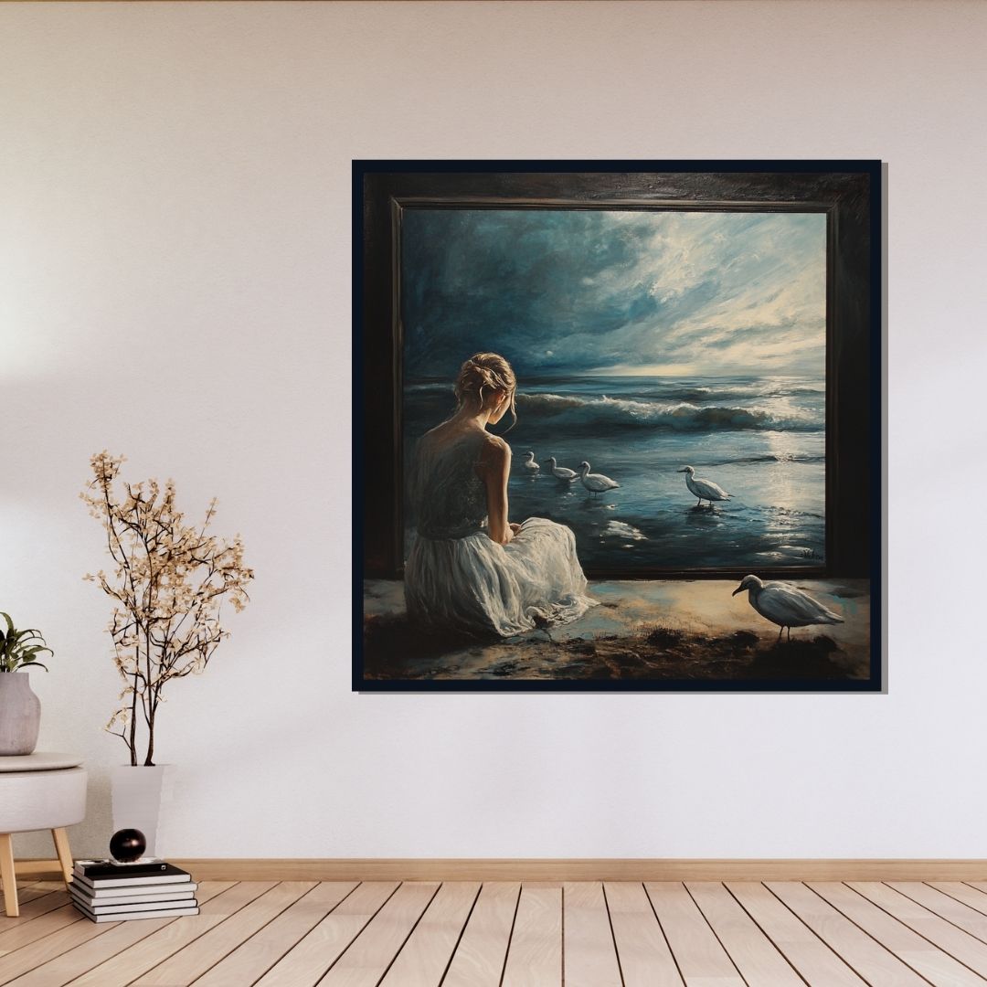 “Contemplative Tides” by ArtixHub – figurative coastal canvas wall art featuring a reflective female figure against a tranquil sea in muted blues and sandy beige tones, ideal for bedrooms, wellness spaces, or lounge areas. This serene composition evokes solitude and peace, making it perfect for UAE homes embracing coastal calm and introspective design.