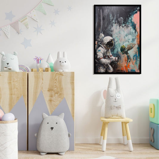 “Cosmic Encounter” by ArtixHub – surreal canvas wall art featuring a face-off between astronaut and alien in icy blues and warm orange tones, ideal for studios, kids’ rooms, or modern living rooms. This sci-fi-inspired painting brings mystery and imagination into UAE homes that appreciate bold and adventurous décor.