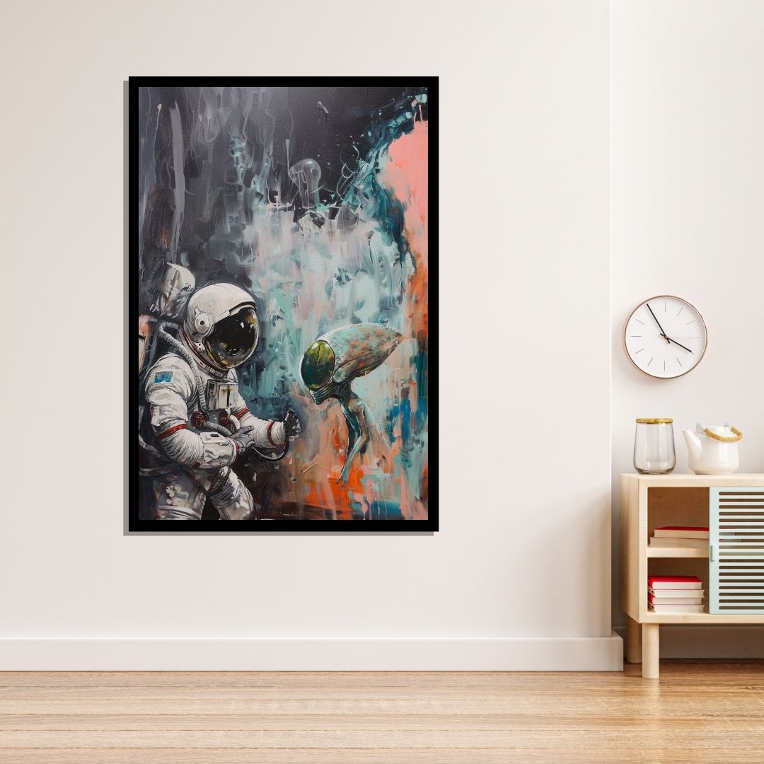 “Cosmic Encounter” by ArtixHub – surreal canvas wall art featuring a face-off between astronaut and alien in icy blues and warm orange tones, ideal for studios, kids’ rooms, or modern living rooms. This sci-fi-inspired painting brings mystery and imagination into UAE homes that appreciate bold and adventurous décor.