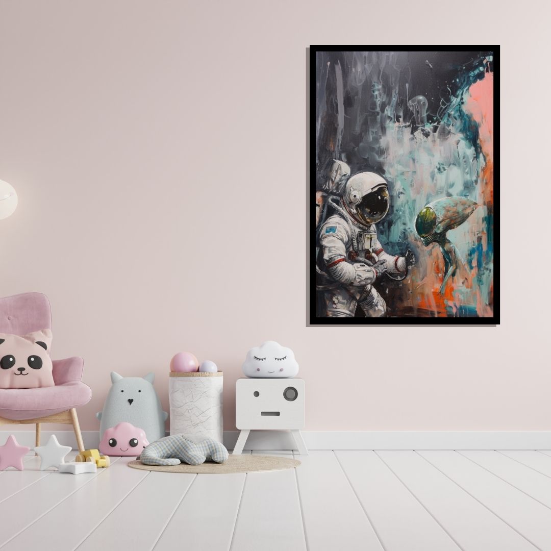 “Cosmic Encounter” by ArtixHub – surreal canvas wall art featuring a face-off between astronaut and alien in icy blues and warm orange tones, ideal for studios, kids’ rooms, or modern living rooms. This sci-fi-inspired painting brings mystery and imagination into UAE homes that appreciate bold and adventurous décor.