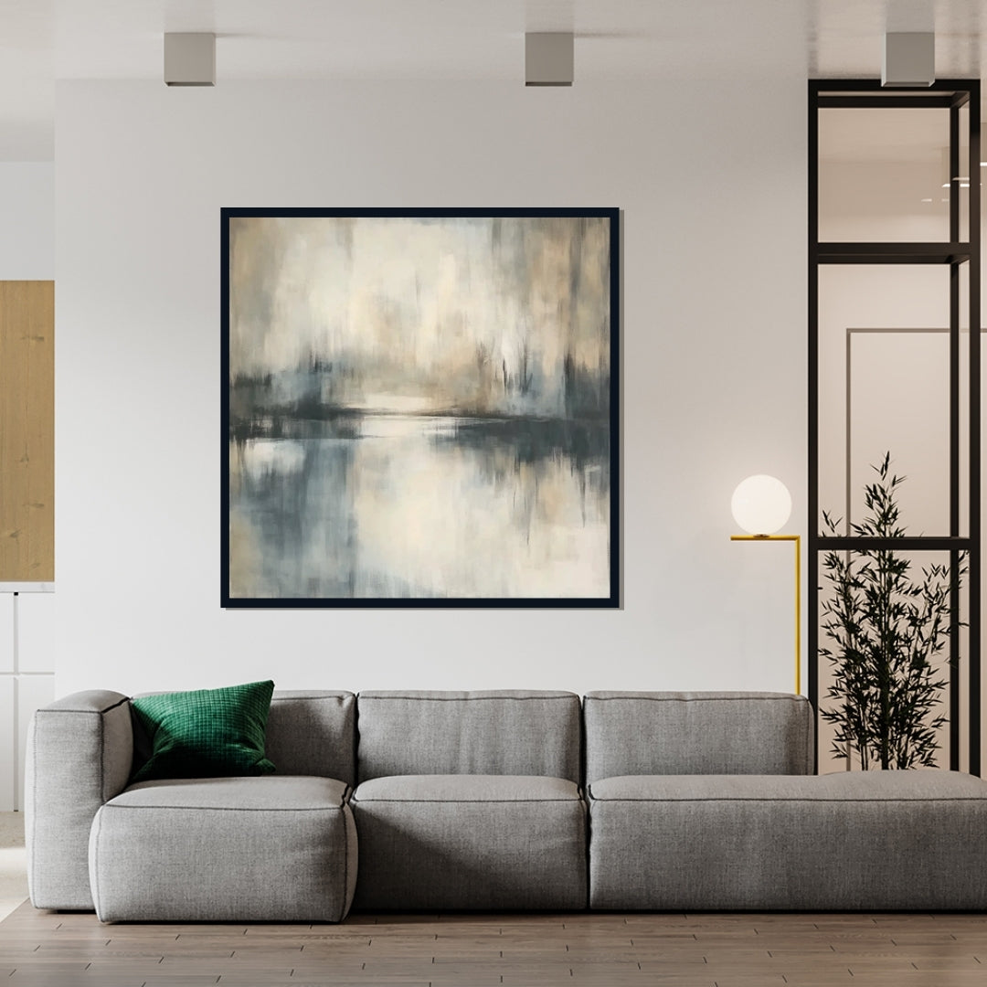 “Distant Shore” by Sarah Lemaire – abstract painting in soft grey, beige, and blue tones reflecting a calm horizon and waterline in minimalist style.