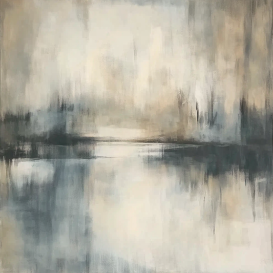 “Distant Shore” by Sarah Lemaire – abstract painting in soft grey, beige, and blue tones reflecting a calm horizon and waterline in minimalist style.