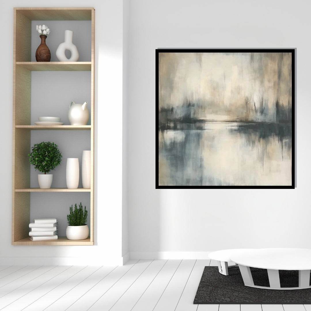 “Distant Shore” by Sarah Lemaire – abstract painting in soft grey, beige, and blue tones reflecting a calm horizon and waterline in minimalist style.
