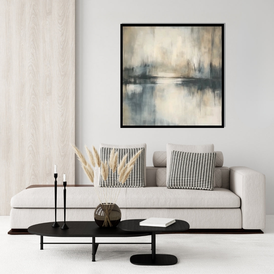 “Distant Shore” by Sarah Lemaire – abstract painting in soft grey, beige, and blue tones reflecting a calm horizon and waterline in minimalist style.