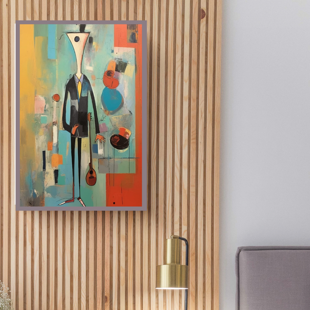 “Distorted Melody” by ArtixHub – figurative abstract canvas wall art featuring a distorted human form blended with musical movement in gray, maroon, and golden tones, ideal for offices, studios, or modern living spaces. This emotionally charged piece pairs beautifully with expressive or eclectic interiors. Perfect for UAE homes seeking rhythm, thought, and abstract depth.