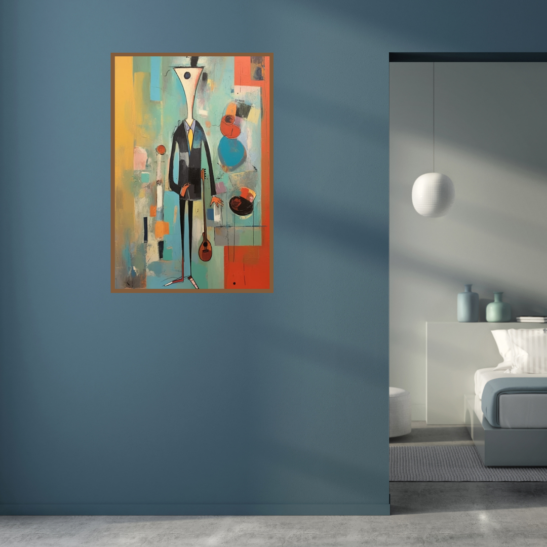 “Distorted Melody” by ArtixHub – figurative abstract canvas wall art featuring a distorted human form blended with musical movement in gray, maroon, and golden tones, ideal for offices, studios, or modern living spaces. This emotionally charged piece pairs beautifully with expressive or eclectic interiors. Perfect for UAE homes seeking rhythm, thought, and abstract depth.