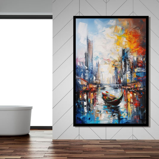 “Downtown Hues” by ArtixHub, impressionist cityscape canvas wall art with boats