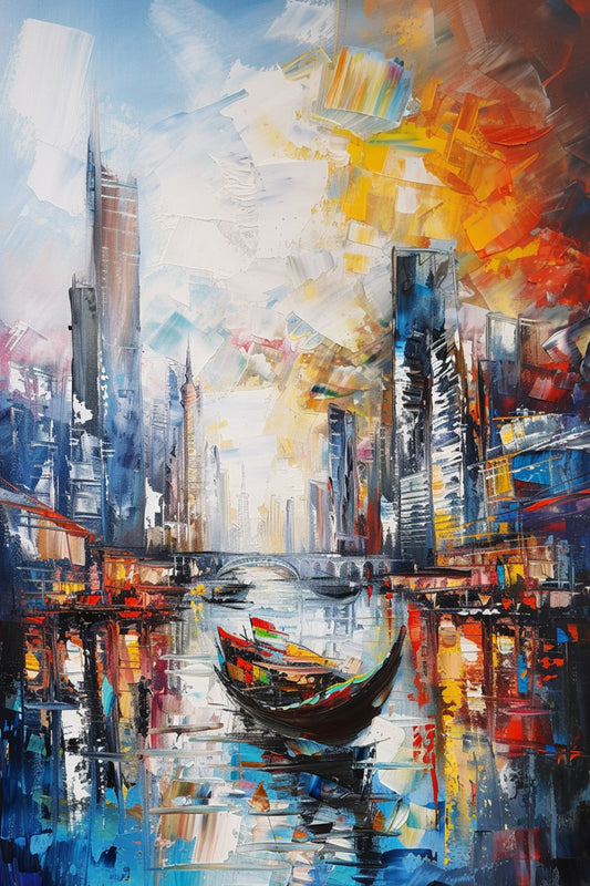 “Downtown Hues” by ArtixHub – impressionist cityscape canvas wall art depicting a boat-filled harbor against soft urban silhouettes in beige, blush, and gray tones, ideal for offices, living rooms, or entryways. This atmospheric artwork blends serenity and structure, perfect for UAE homes seeking elegant urban charm and water-inspired calm.