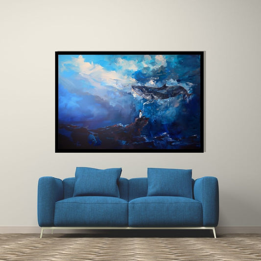 “Dream in the Deep” by ArtixHub – surreal canvas wall art featuring a deep-sea connection between whale and human in rich blues and soft light tones, ideal for bedrooms, wellness spaces, or creative studios. This dreamy underwater scene brings a sense of wonder and quiet magic to UAE homes that embrace imagination and emotional depth.