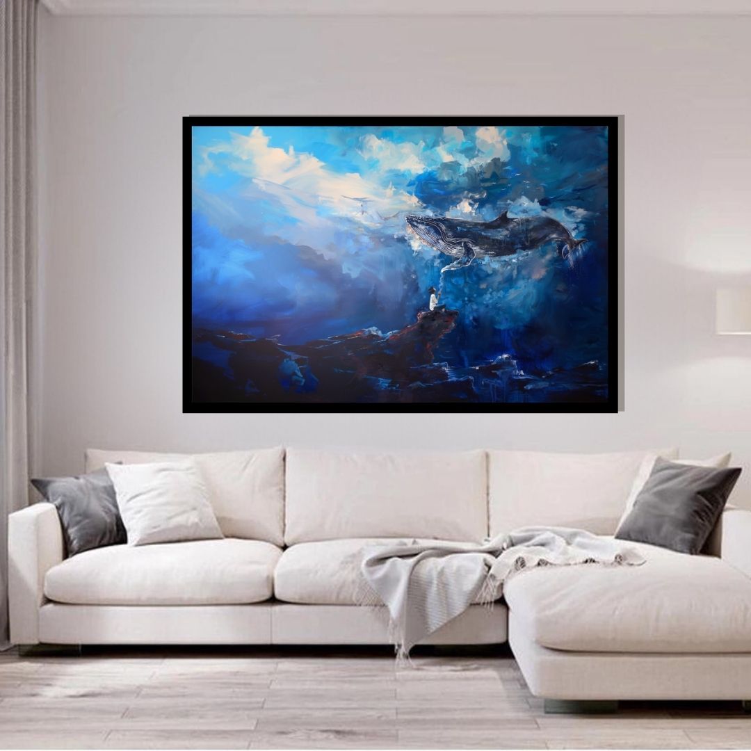 “Dream in the Deep” by ArtixHub – surreal canvas wall art featuring a deep-sea connection between whale and human in rich blues and soft light tones, ideal for bedrooms, wellness spaces, or creative studios. This dreamy underwater scene brings a sense of wonder and quiet magic to UAE homes that embrace imagination and emotional depth.