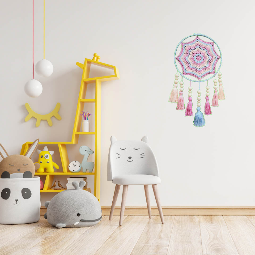 "Dreamscape" by ArtixHub – macramé wall hanging with pastel pink and blue tassels accented by natural wood beads, creating a playful cascade of color and texture. Ideal for nurseries, playrooms, or boho-inspired living spaces, adding whimsical charm to UAE interiors.