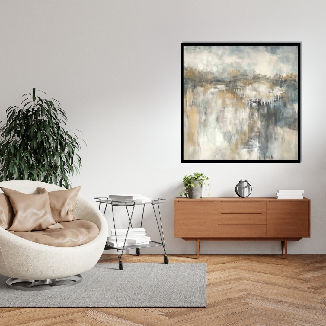 “Drifted Light” by Sarah Lemaire – abstract landscape painting in soft ivory, gold, and grey tones, inspired by the gentle movement of light across natural forms.