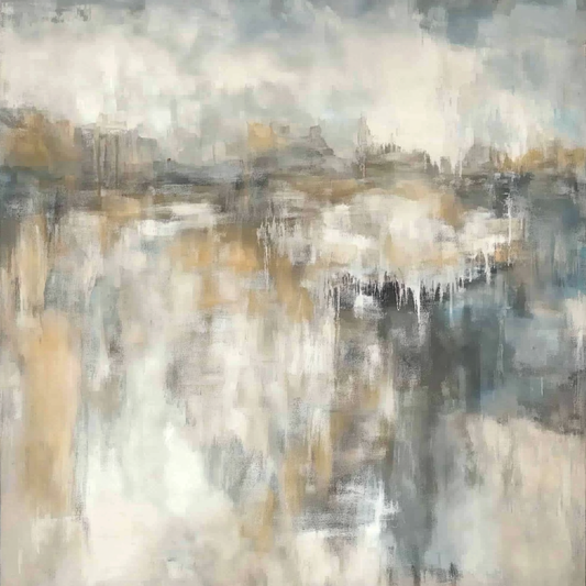 “Drifted Light” by Sarah Lemaire – abstract landscape painting in soft ivory, gold, and grey tones, inspired by the gentle movement of light across natural forms.