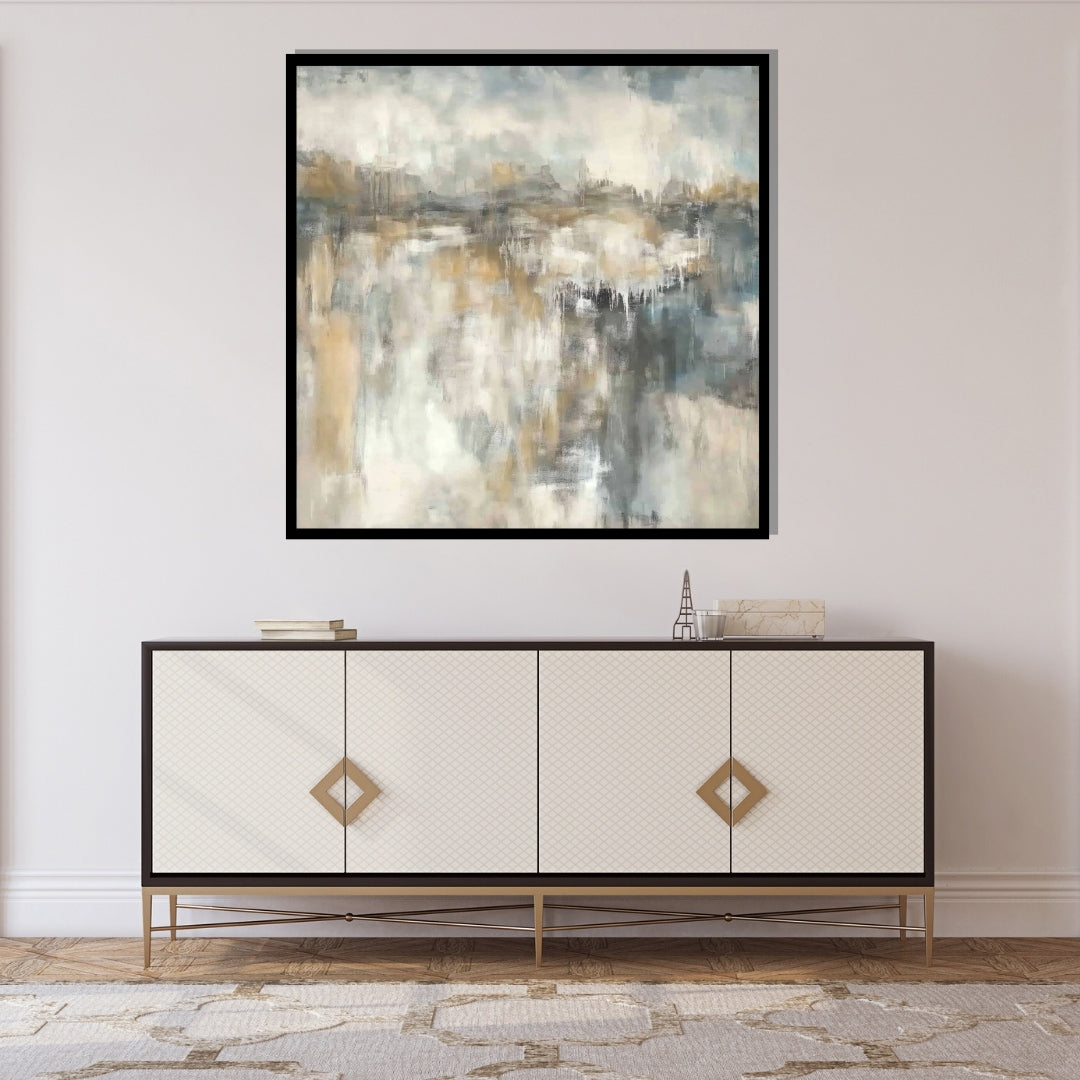 “Drifted Light” by Sarah Lemaire – abstract landscape painting in soft ivory, gold, and grey tones, inspired by the gentle movement of light across natural forms.