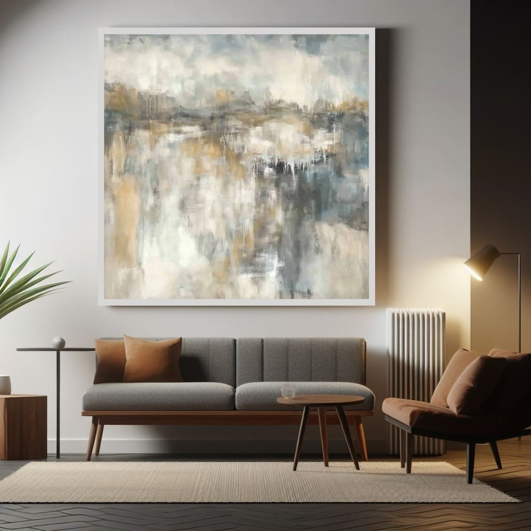 “Drifted Light” by Sarah Lemaire – abstract landscape painting in soft ivory, gold, and grey tones, inspired by the gentle movement of light across natural forms.
