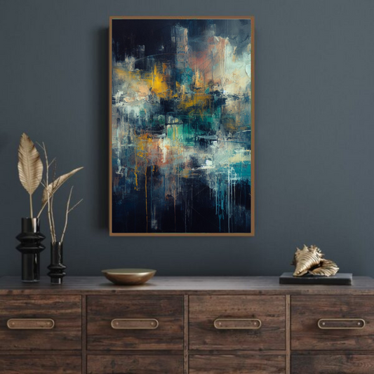 “Dusk Shadows” by ArtixHub, minimalist abstract canvas wall art in deep plum and charcoal tones