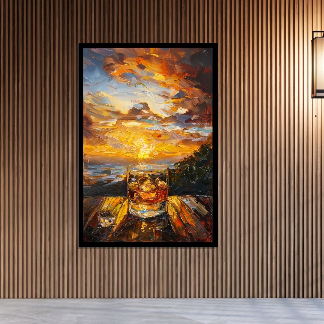 “Dusk’s Delight” by ArtixHub – surreal canvas wall art featuring a whiskey glass merging with a vivid sunset sky in warm orange, gold, and violet hues, ideal for lounge areas, dining rooms, or offices. This imaginative piece blends elegance and atmosphere, perfect for UAE homes seeking sophistication with a touch of fantasy.