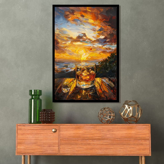 “Dusk’s Delight” by ArtixHub – surreal canvas wall art featuring a whiskey glass merging with a vivid sunset sky in warm orange, gold, and violet hues, ideal for lounge areas, dining rooms, or offices. This imaginative piece blends elegance and atmosphere, perfect for UAE homes seeking sophistication with a touch of fantasy.