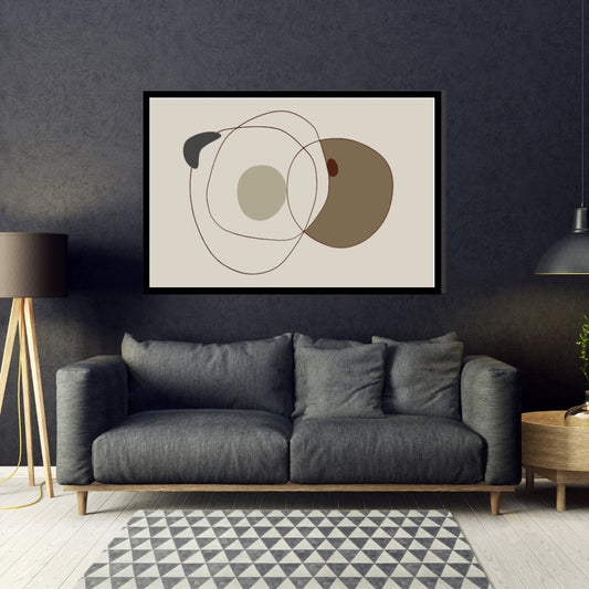“Ebonair” by Clara Moret – minimalist abstract artwork with brown, beige, and charcoal shapes outlined in dark line art on a neutral background.