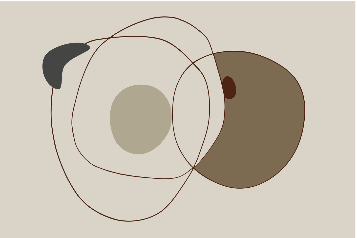 “Ebonair” by Clara Moret – minimalist abstract artwork with brown, beige, and charcoal shapes outlined in dark line art on a neutral background.