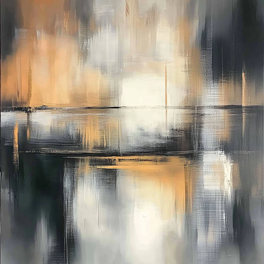 “Ecliptic Passage” by Sarah Lemaire – abstract painting with amber, charcoal, and ivory tones, inspired by celestial light and structured movement.