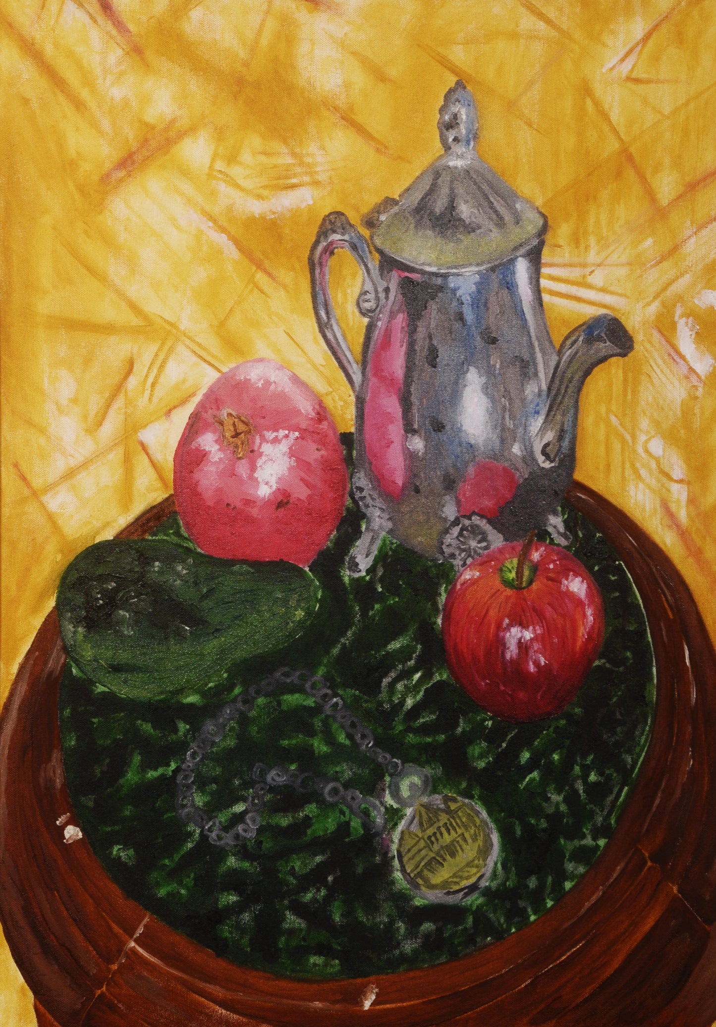 Emerald - Still life painting with a silver teapot, red apples, and green leaves on a yellow background. Still life painting with silver teapot, avocado, apple, pomegranate, and prayer beads by Mira Ayyash