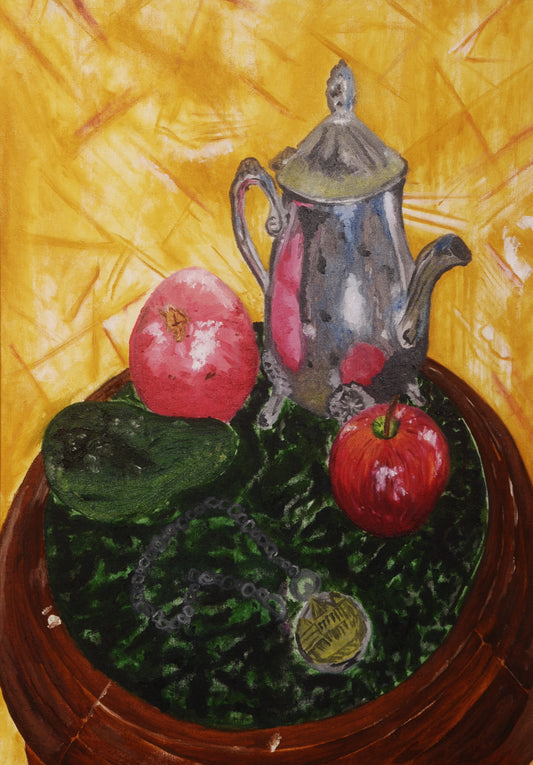 Emerald - Still life painting with a silver teapot, red apples, and green leaves on a yellow background. Still life painting with silver teapot, avocado, apple, pomegranate, and prayer beads by Mira Ayyash
