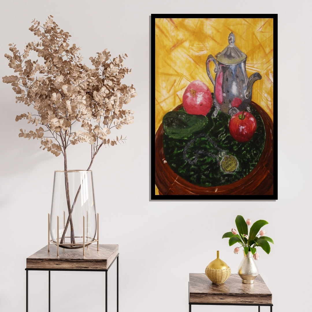 Emerald - Still life painting with a silver teapot, red apples, and green leaves on a yellow background. Still life painting with silver teapot, avocado, apple, pomegranate, and prayer beads by Mira Ayyash