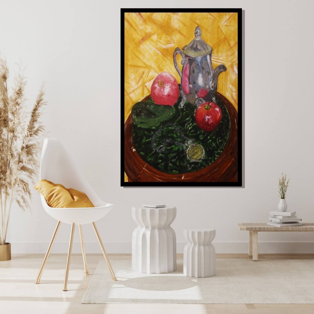 Emerald - Still life painting with a silver teapot, red apples, and green leaves on a yellow background. Still life painting with silver teapot, avocado, apple, pomegranate, and prayer beads by Mira Ayyash