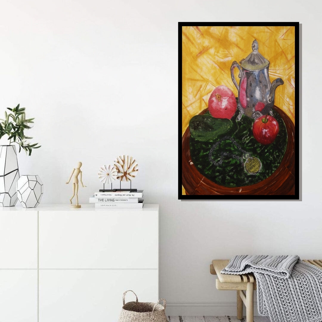 Emerald - Still life painting with a silver teapot, red apples, and green leaves on a yellow background. Still life painting with silver teapot, avocado, apple, pomegranate, and prayer beads by Mira Ayyash