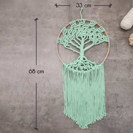 “Emerald Embrace” by ArtixHub – sage-green macramé tree wall hanging with cascading fringe on a wooden hoop, symbolizing growth and grounding. Ideal for entryways, home offices, or eco-conscious living rooms, bringing nature-inspired serenity to UAE homes.