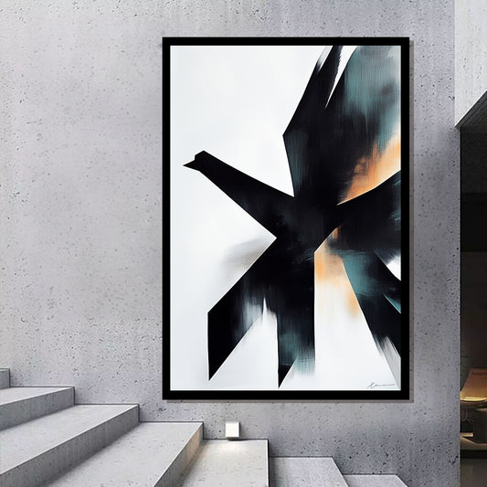 “Emerge of the Phoenix” by Xennoir – abstract minimalist artwork with sharp black angular form and warm teal-orange tones, symbolizing transformation and emergence.