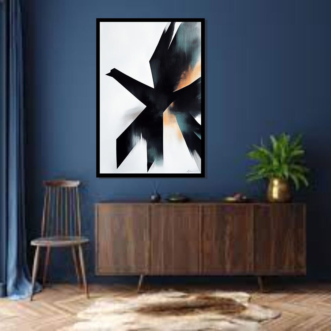 “Emerge of the Phoenix” by Xennoir – abstract minimalist artwork with sharp black angular form and warm teal-orange tones, symbolizing transformation and emergence.