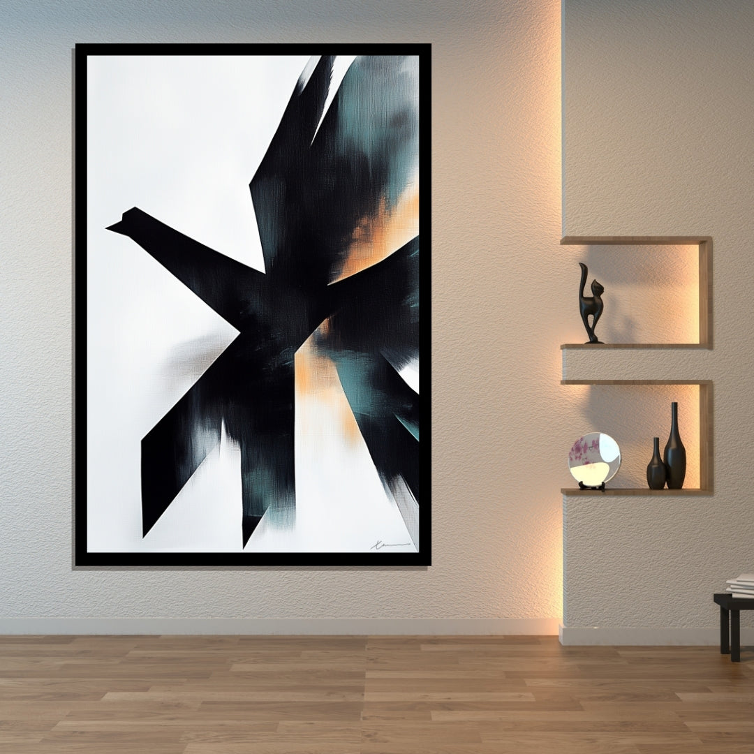 “Emerge of the Phoenix” by Xennoir – abstract minimalist artwork with sharp black angular form and warm teal-orange tones, symbolizing transformation and emergence.