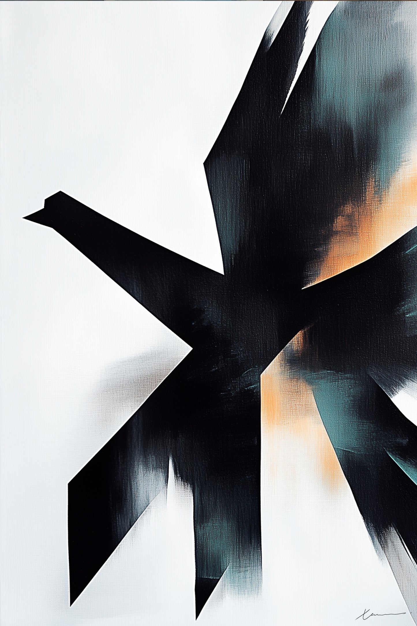 “Emerge of the Phoenix” by Xennoir – abstract minimalist artwork with sharp black angular form and warm teal-orange tones, symbolizing transformation and emergence.