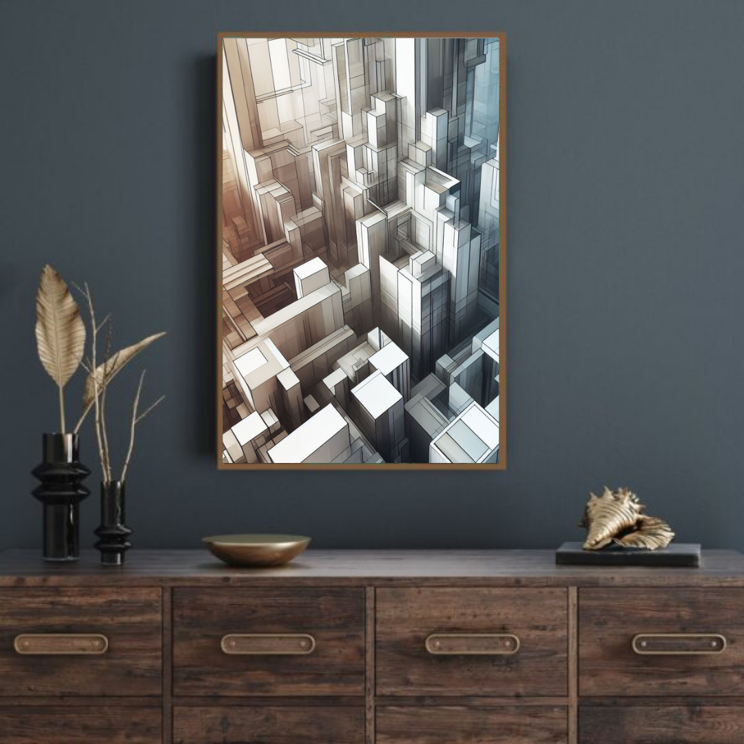 “Ethereal Structures” by ArtixHub – minimalist abstract canvas wall art in soft white, dusty blue, and muted taupe tones, featuring layered architectural forms, ideal for offices, entryways, or modern living rooms. A serene, structured composition that brings calm and elegance to UAE homes embracing clean, architectural design.