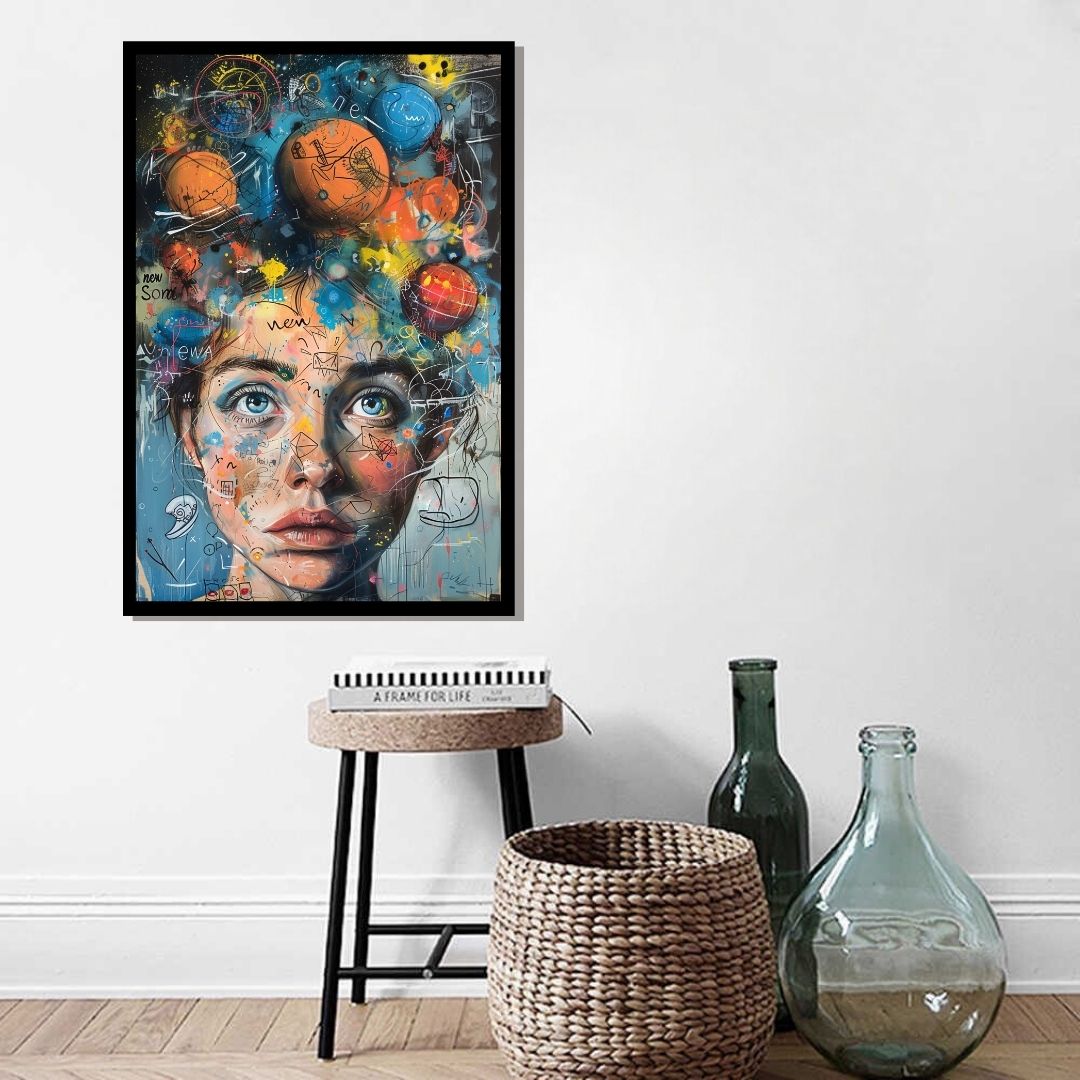 “Exploded Realities” by ArtixHub – surreal canvas wall art featuring a fragmented female figure dissolving into a cosmic sky in deep blues, gold, and magenta, ideal for studios, bedrooms, or reading nooks. This imaginative composition merges inner thought with universal vastness. Perfect for UAE homes that embrace bold, introspective, and artistic décor.