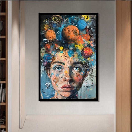 “Exploded Realities” by ArtixHub – surreal canvas wall art featuring a fragmented female figure dissolving into a cosmic sky in deep blues, gold, and magenta, ideal for studios, bedrooms, or reading nooks. This imaginative composition merges inner thought with universal vastness. Perfect for UAE homes that embrace bold, introspective, and artistic décor.