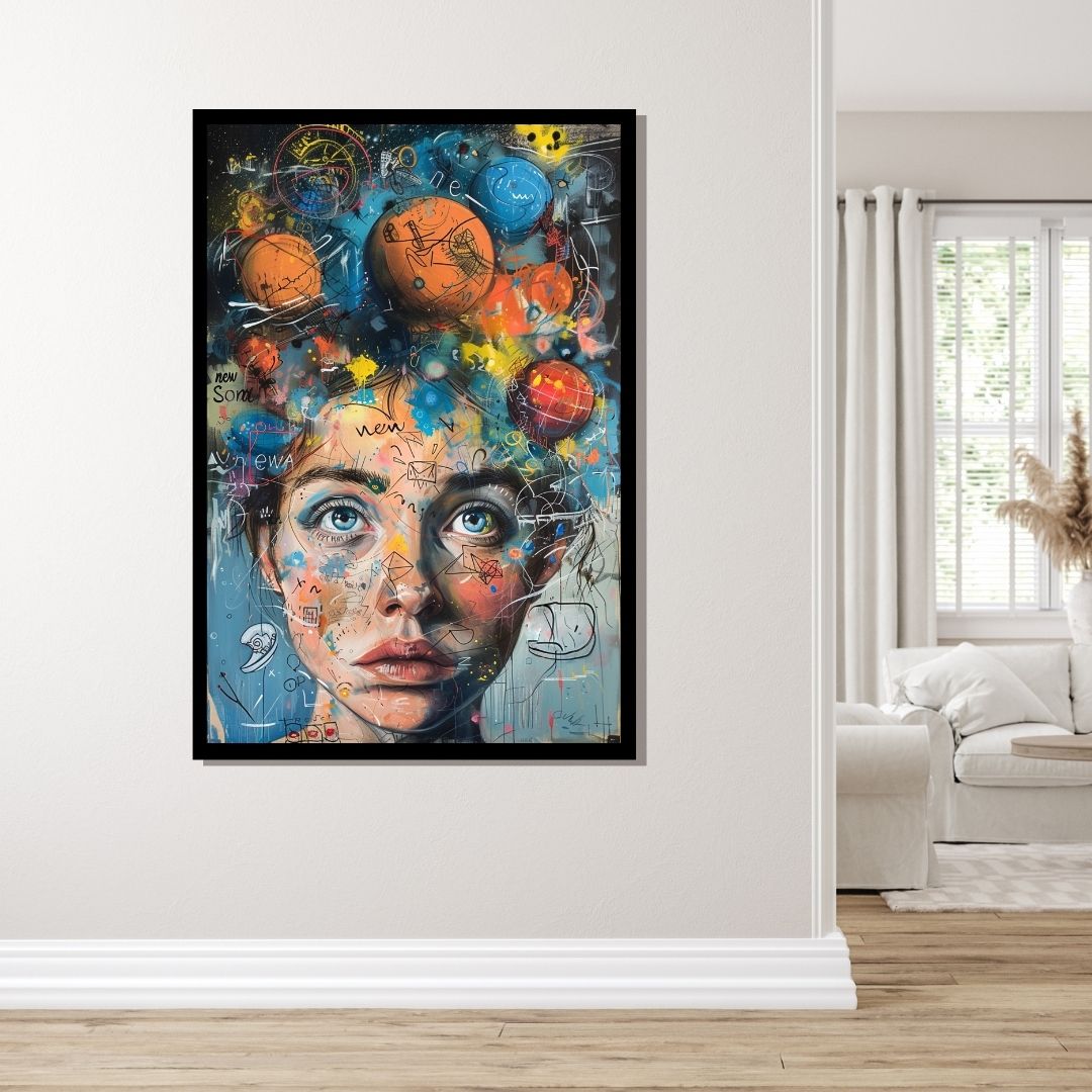 “Exploded Realities” by ArtixHub – surreal canvas wall art featuring a fragmented female figure dissolving into a cosmic sky in deep blues, gold, and magenta, ideal for studios, bedrooms, or reading nooks. This imaginative composition merges inner thought with universal vastness. Perfect for UAE homes that embrace bold, introspective, and artistic décor.