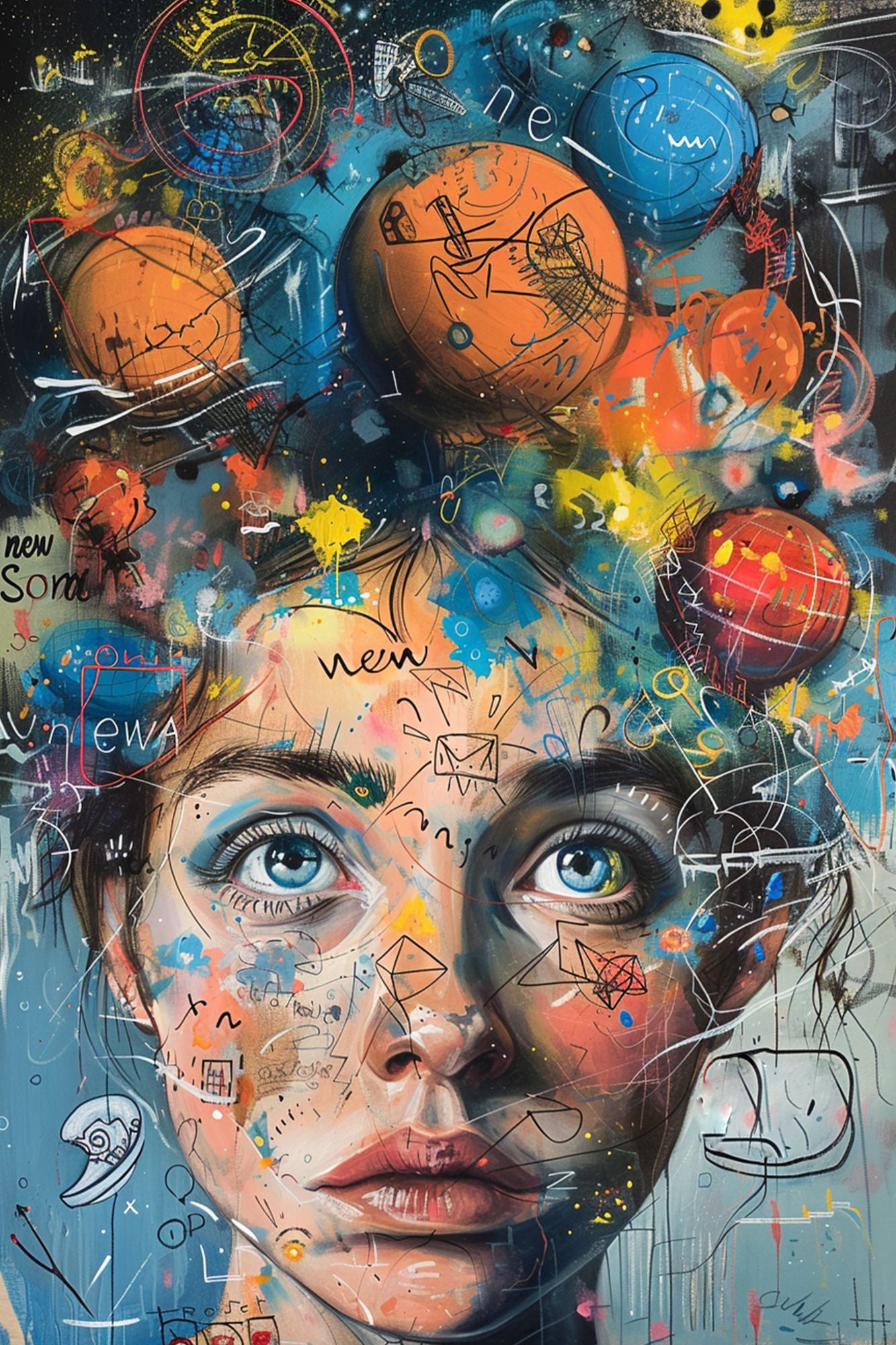 “Exploded Realities” by ArtixHub – surreal canvas wall art featuring a fragmented female figure dissolving into a cosmic sky in deep blues, gold, and magenta, ideal for studios, bedrooms, or reading nooks. This imaginative composition merges inner thought with universal vastness. Perfect for UAE homes that embrace bold, introspective, and artistic décor.