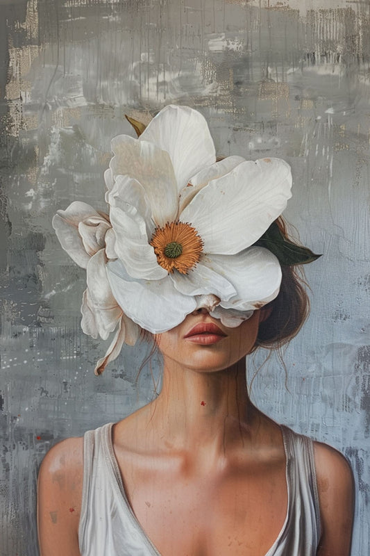 “Floral Disguise” by ArtixHub – figurative floral canvas wall art featuring a bold blossom obscuring the subject’s face in coral, magenta, and soft beige tones, ideal for dressing rooms, bedrooms, or lounge spaces. This modern piece blends fashion and mystery, perfect for UAE homes seeking expressive art with a floral twist.