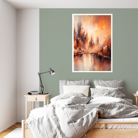 “Foggy City” by ArtixHub – abstract cityscape canvas wall art in deep red, burnt orange, and warm charcoal tones, ideal for offices, lounge areas, or modern bedrooms. With a hazy skyline and emotive palette, this piece adds depth and character to UAE homes seeking bold urban flair and sophisticated warmth.