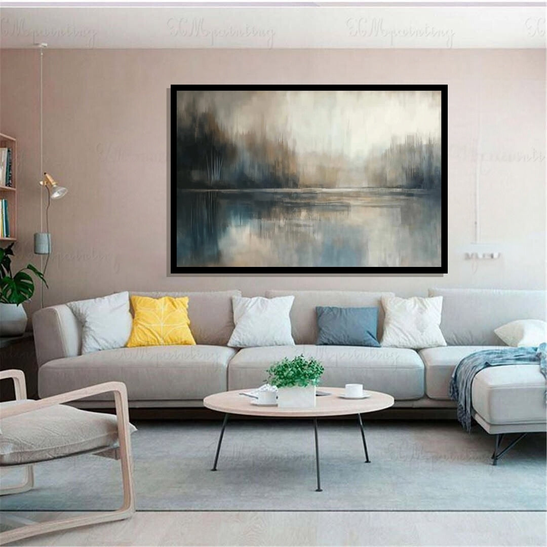 “Forest Echo” by Sarah Lemaire – abstract forest landscape in green, taupe, and soft mist tones, reflected over still water in a serene, minimal style.