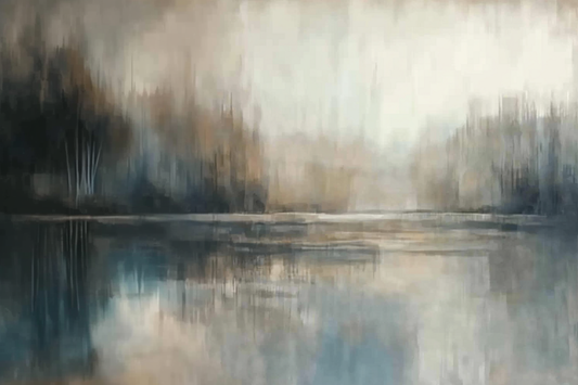 “Forest Echo” by Sarah Lemaire – abstract forest landscape in green, taupe, and soft mist tones, reflected over still water in a serene, minimal style.
