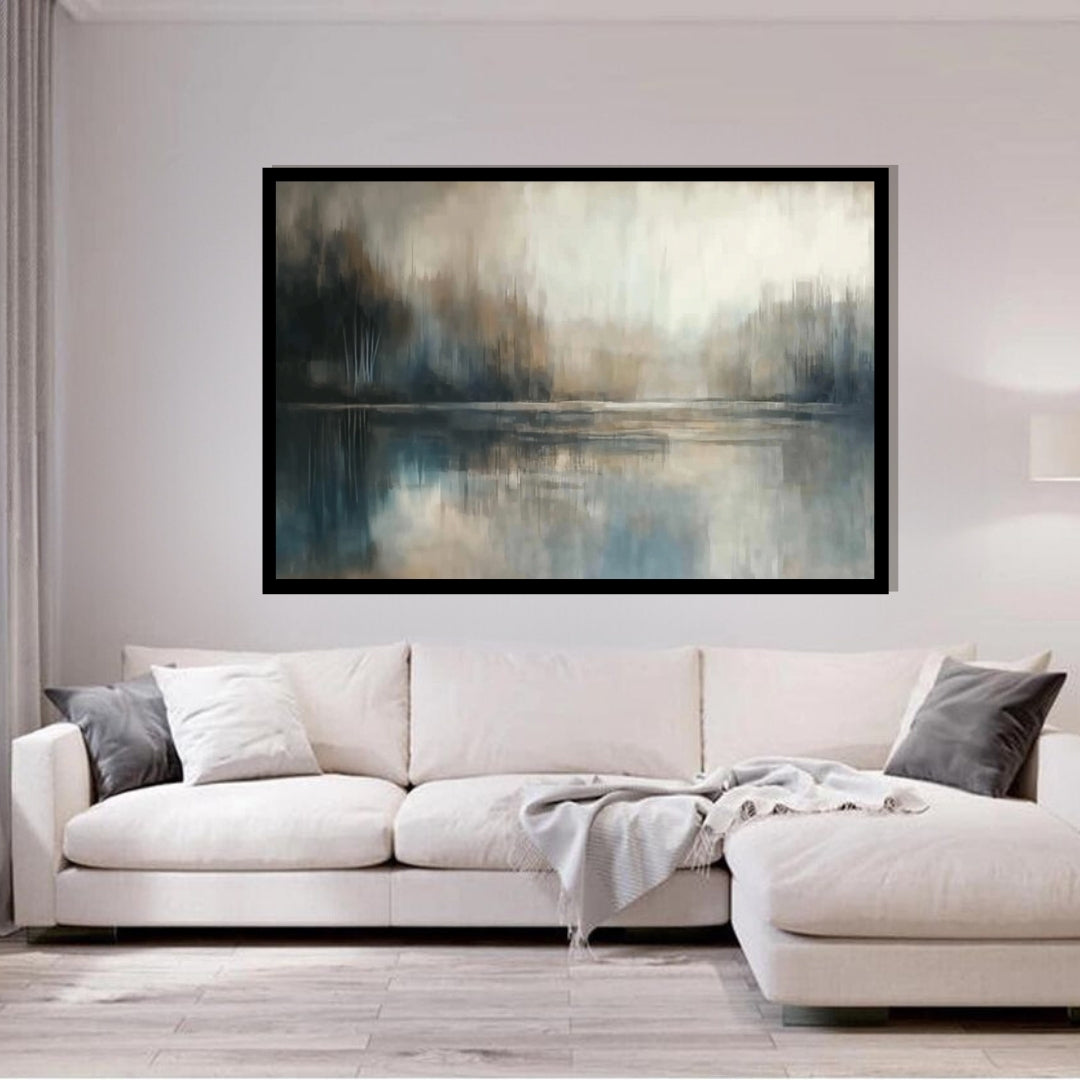 “Forest Echo” by Sarah Lemaire – abstract forest landscape in green, taupe, and soft mist tones, reflected over still water in a serene, minimal style.