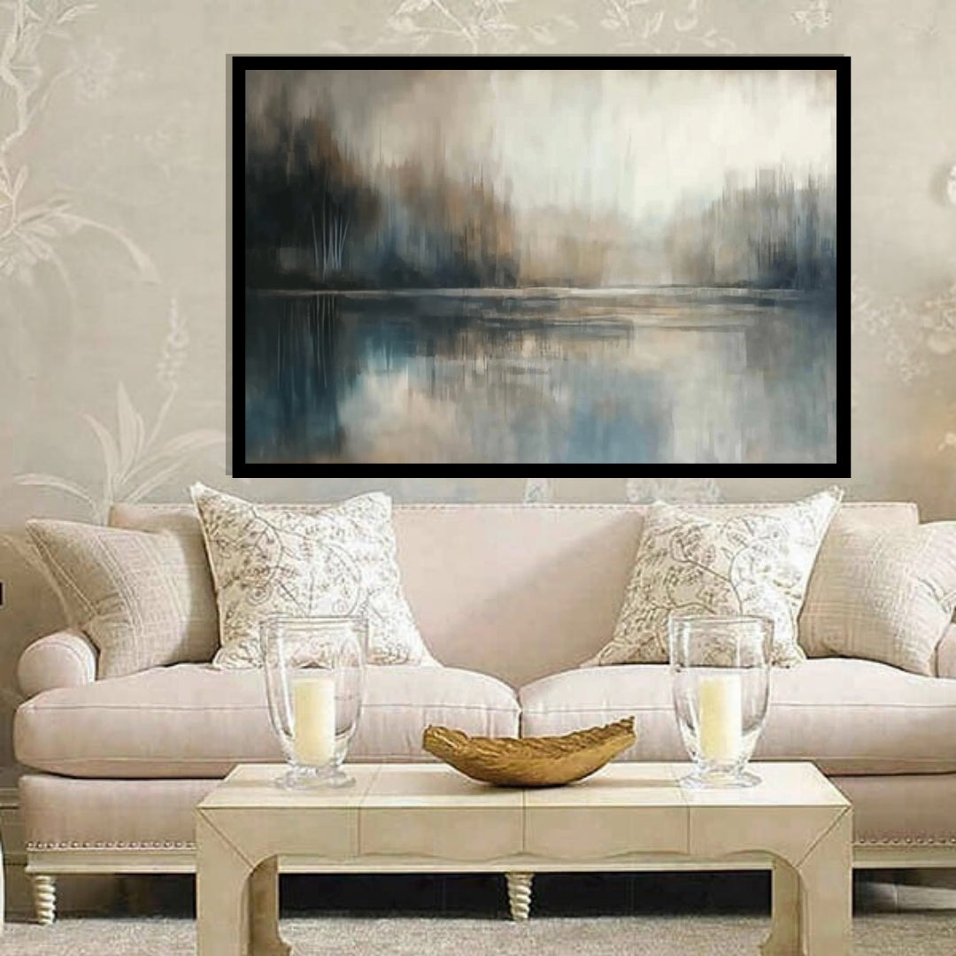 “Forest Echo” by Sarah Lemaire – abstract forest landscape in green, taupe, and soft mist tones, reflected over still water in a serene, minimal style.