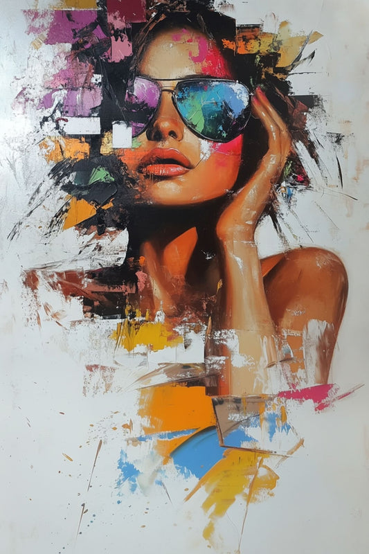“Fractured Muse” by ArtixHub – figurative abstract canvas wall art featuring a stylized female portrait with fragmented glasses in bold reds, blues, and neutrals, ideal for dressing rooms, offices, or studios. This expressive piece combines fashion, identity, and visual energy, perfect for UAE homes seeking contemporary art with attitude and personality.