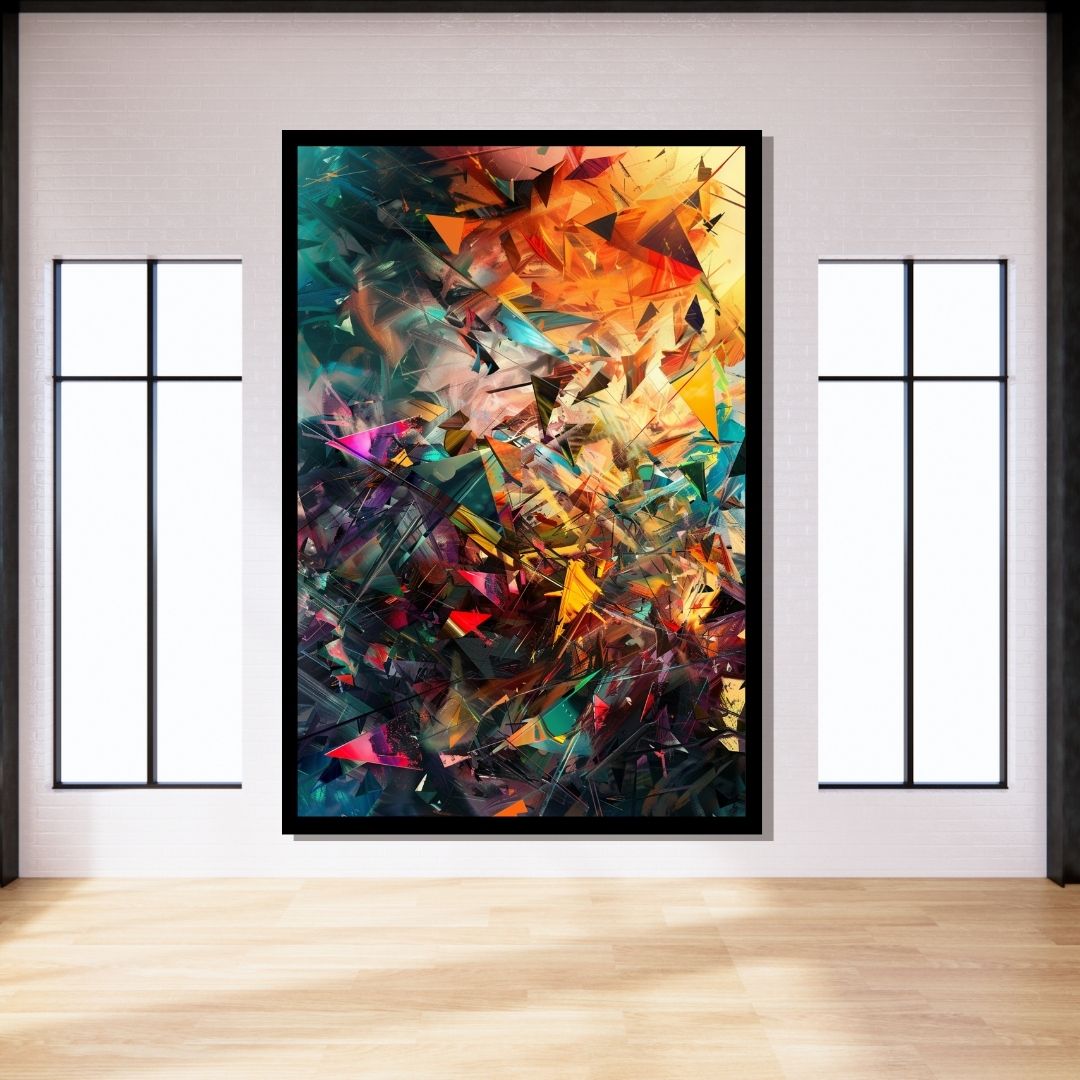 “Fragmented Reality” by ArtixHub – colorful abstract canvas wall art with layered geometric patterns in red, orange, teal, and charcoal, ideal for game rooms, studios, or creative office spaces. This high-energy piece adds rhythm and complexity to UAE homes looking for bold visual storytelling through modern design.
